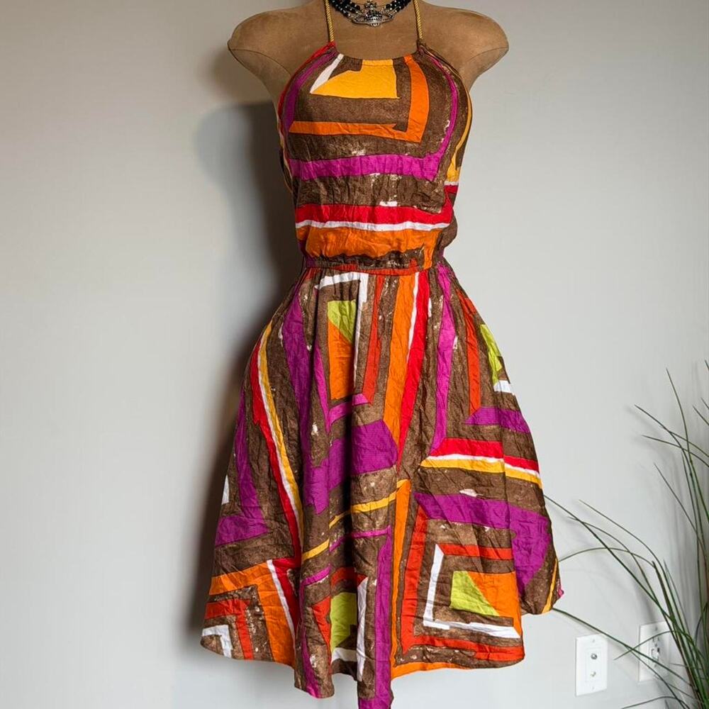 Reserved halter geometric print dress